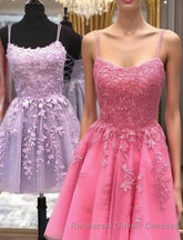 Thin Straps Short Purple Pink Lace Semi Formal Prom Dresses, Short Purple Pink Lace Graduation Homecoming Dresses